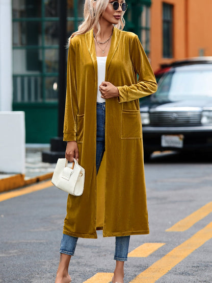 Golden Mustard Plush Open Front Pocketed Maxi Cardigan