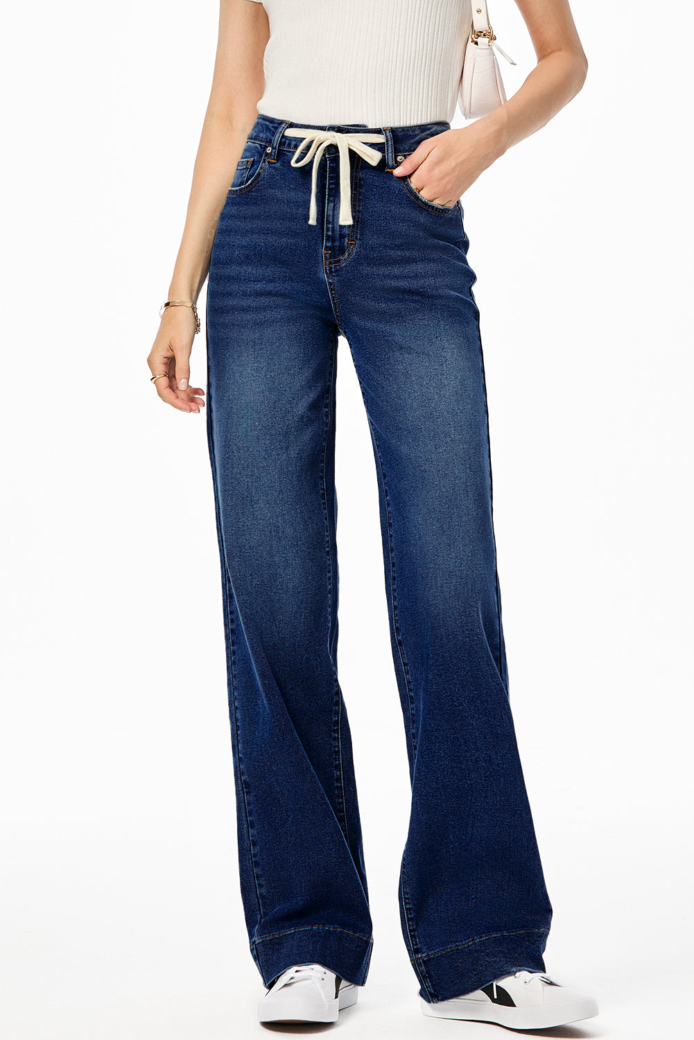 Bluing Lace-up Button Zip Fly Straight Leg Jeans