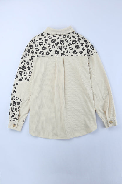 Apricot Corduroy Jacket with Leopard Print Details and Pockets