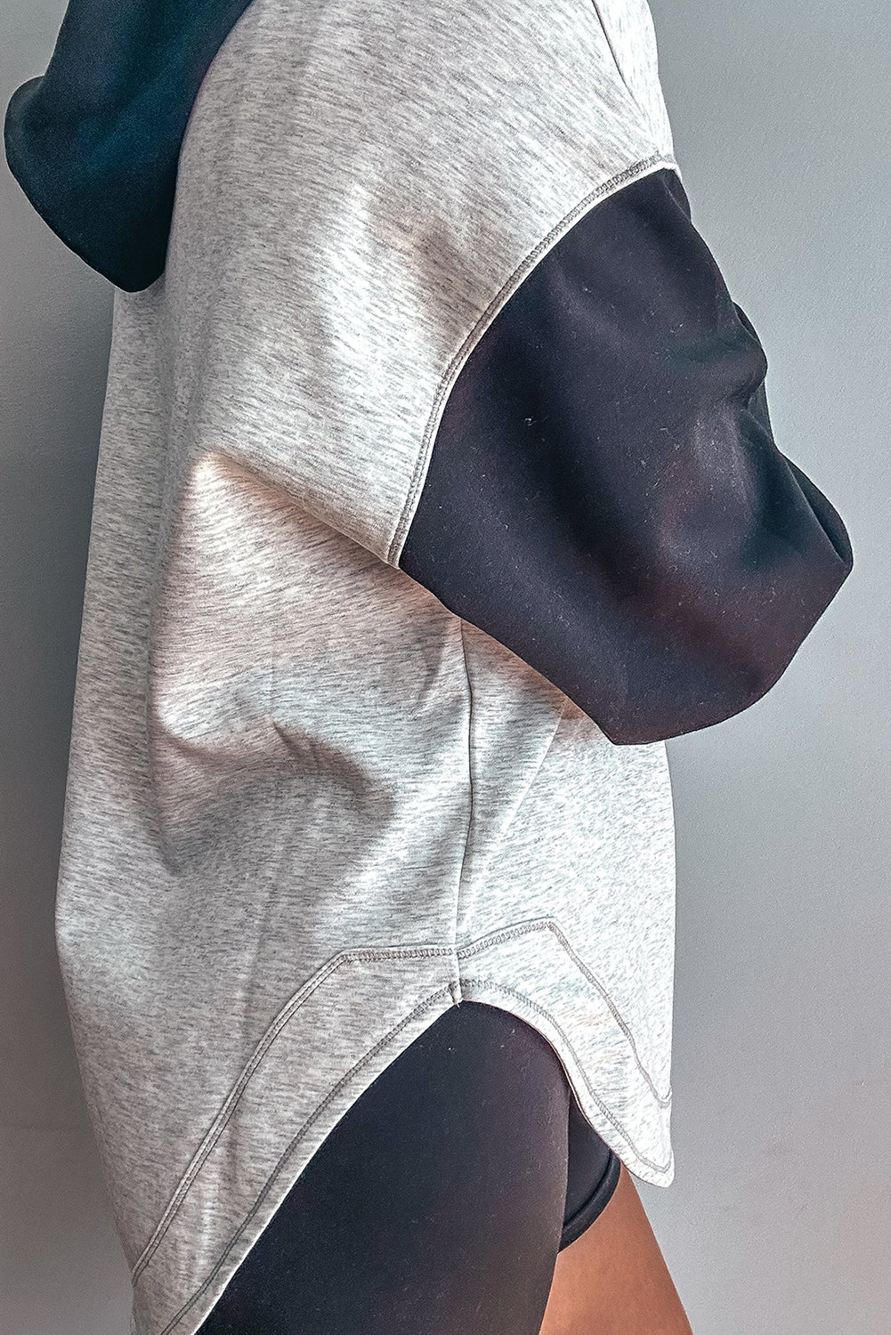 Light Grey Plus Color Block Patchwork Round Hem V Neck Drawstring Hoodie Pullover