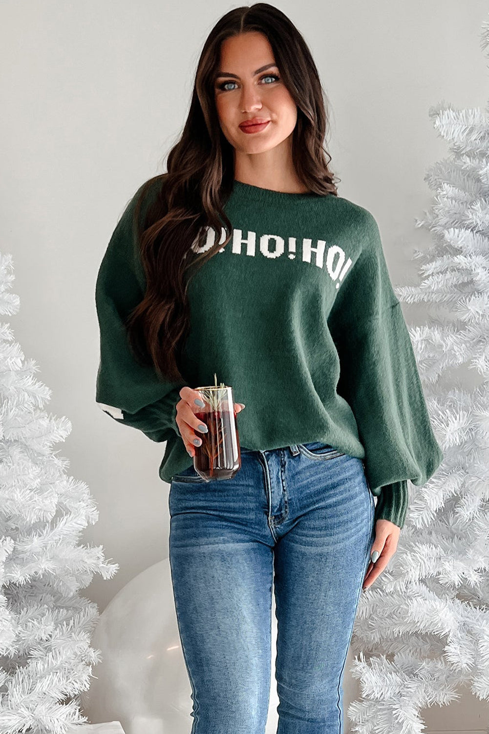 Blackish Green MERRY CHRISTMAS HO HO HO Drop Shoulder Loose Sweater