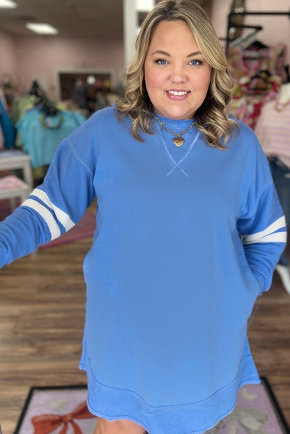 Sky Blue Exposed Seam Detail Varsity Striped Sleeve Plus Size Mini Dress