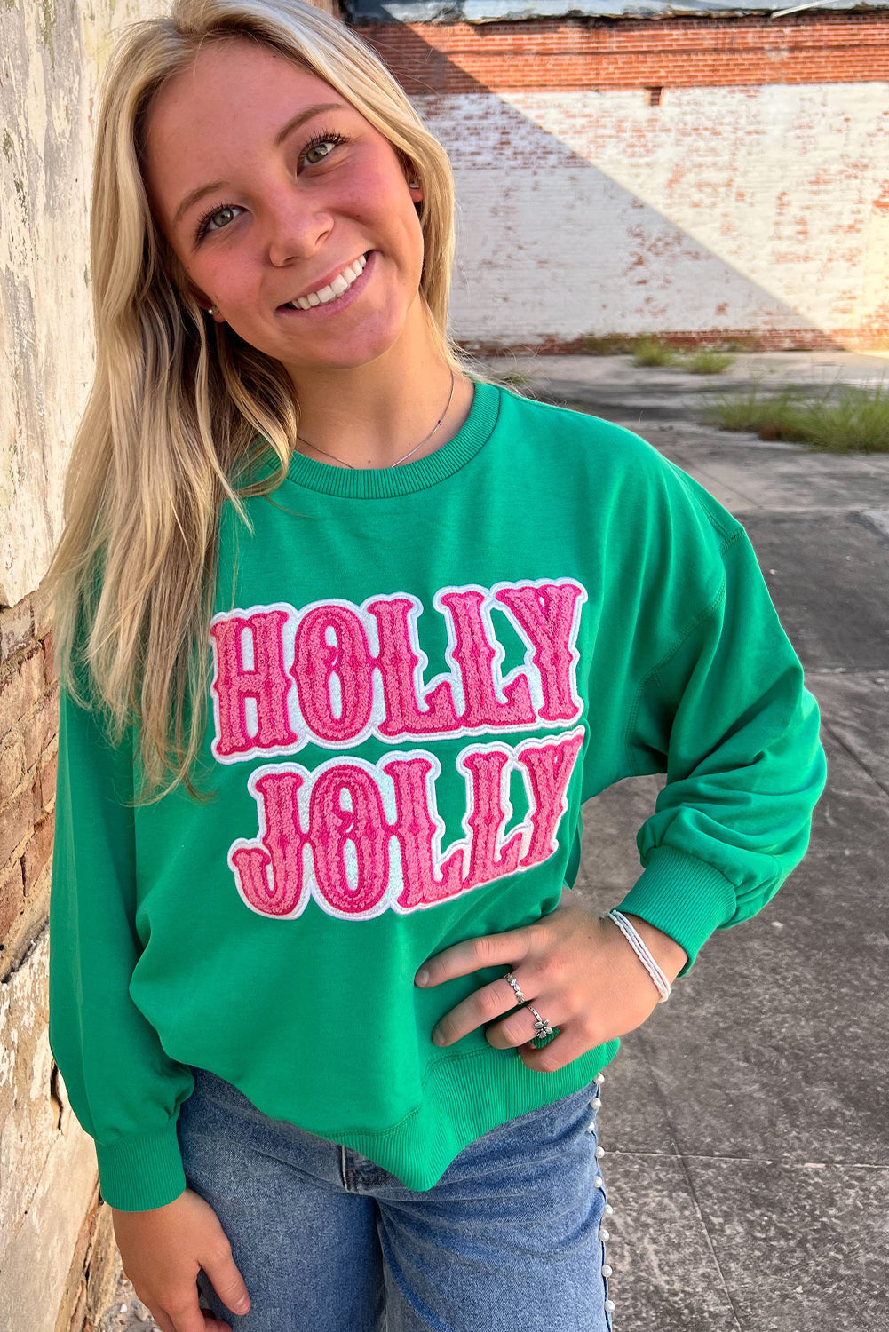 Dark Green HOLLY JOLLY Patched Graphic Plus Size Sweatshirt
