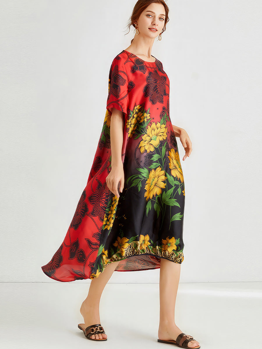 Midi Dresses - Loose Slimming Printed Short Sleeved Midi Dress - MsDressly