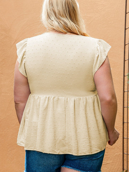 Golden Fleece Plus Size Swiss Dot Lace Trim Split Neck Babydoll Top