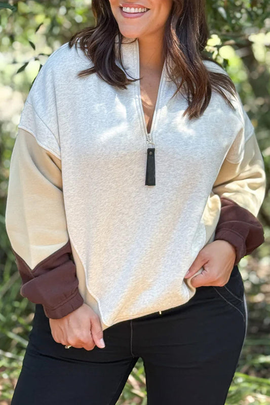 Light Grey Colorblock Half Zipper Pullover Plus Sweatshirt