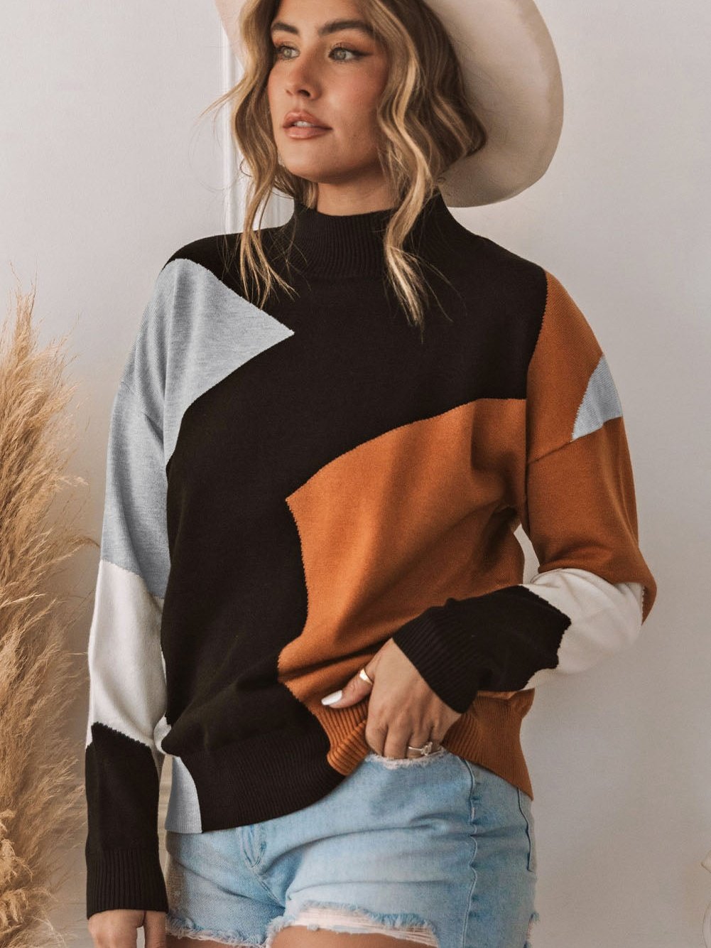 Fall & Winter Chic Orange Color Block Mock Neck Sweater