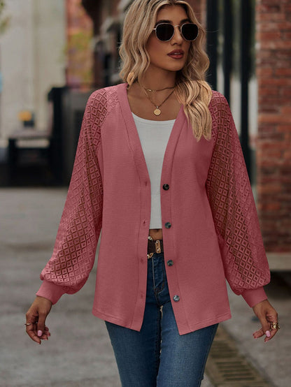 Lacy Waffle Knit Button-Up Cardigan with Long Sleeves