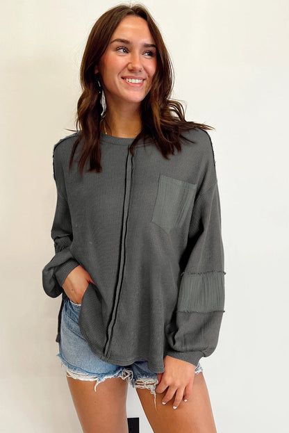 Gray Crinkled Texture Patchwork Waffle Knit Top with Bubble Sleeves