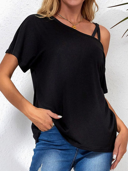 Edgy Black Criss Cross One Shoulder T-Shirt with Asymmetric Style