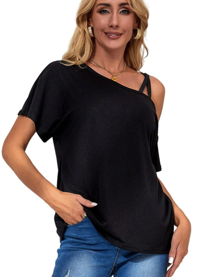 Edgy Black Criss Cross One Shoulder T-Shirt with Asymmetric Style