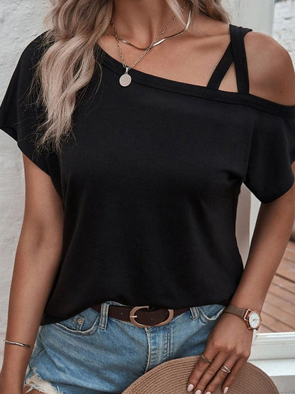 Edgy Black Criss Cross One Shoulder T-Shirt with Asymmetric Style