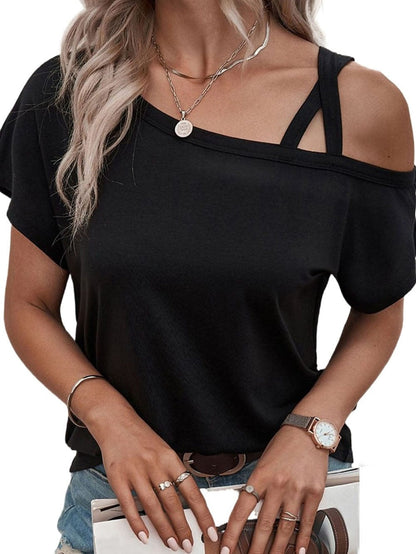 Edgy Black Criss Cross One Shoulder T-Shirt with Asymmetric Style