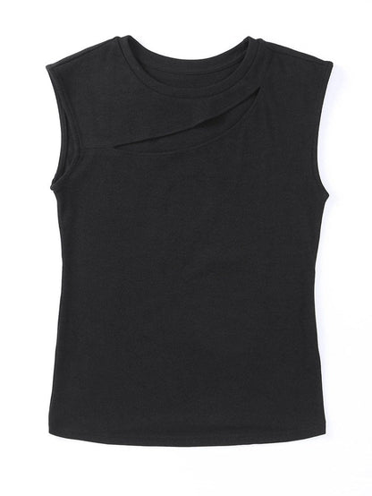 Edgy Black Cutout Sleeveless T-Shirt with Cap Sleeves