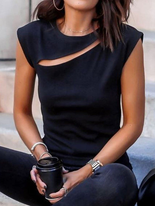 Edgy Black Cutout Sleeveless T-Shirt with Cap Sleeves