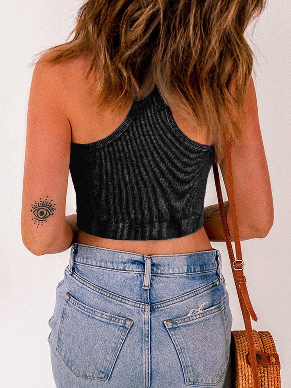 Edgy Black Mineral Wash Ribbed Racerback Crop Top