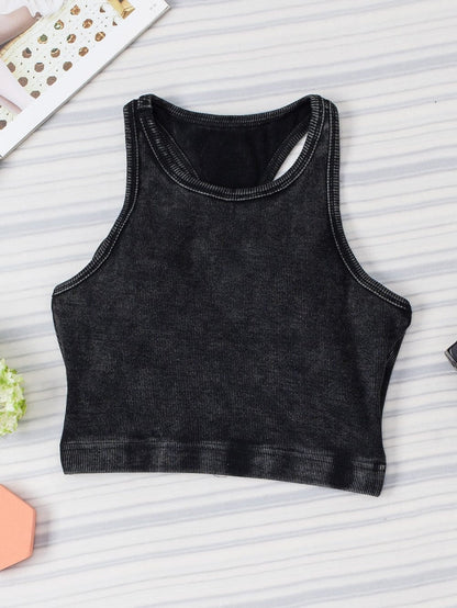 Edgy Black Mineral Wash Ribbed Racerback Crop Top