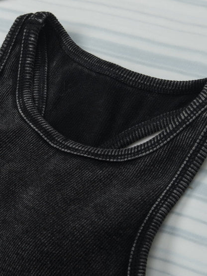 Edgy Black Mineral Wash Ribbed Racerback Crop Top