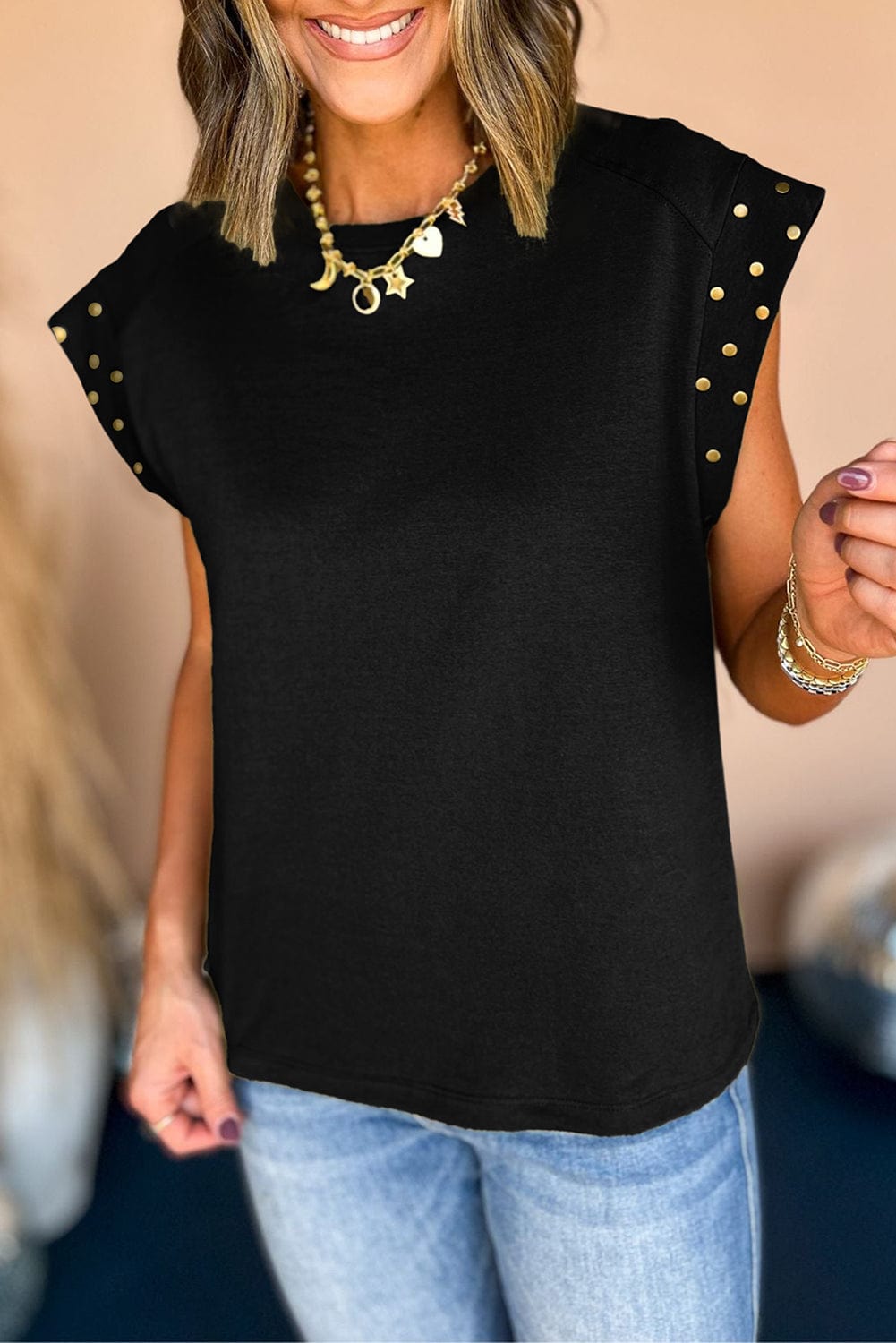 Edgy Black Studded Tee with Short Sleeves