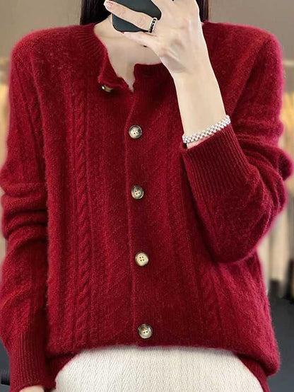 Women's Cardigan Stand Collar Ribbed Knit Polyester Button Knitted Fall Winter Regular Outdoor Daily Going out Stylish Casual Soft Long Sleeve Solid Color Wine Camel Purple One-Size