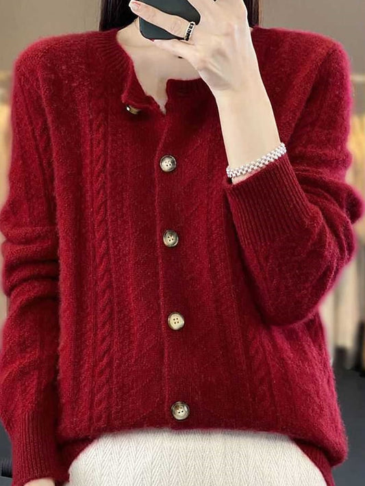 Women's Cardigan Stand Collar Ribbed Knit Polyester Button Knitted Fall Winter Regular Outdoor Daily Going out Stylish Casual Soft Long Sleeve Solid Color Wine Camel Purple One-Size