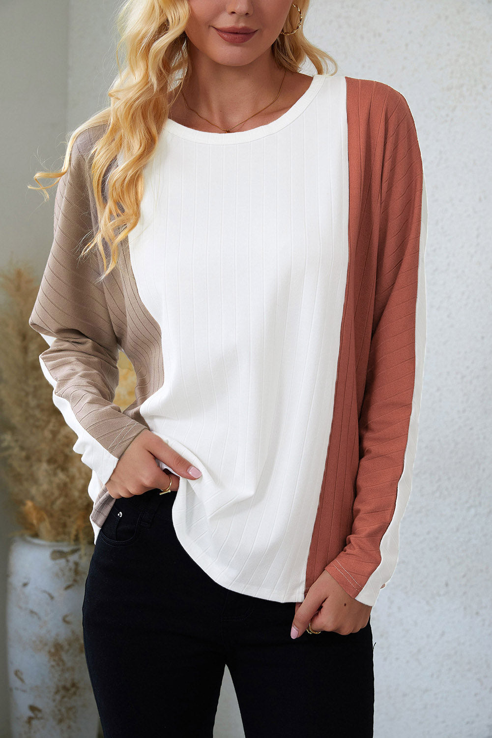 Apricot Striped Ribbed Dolman Knit Top