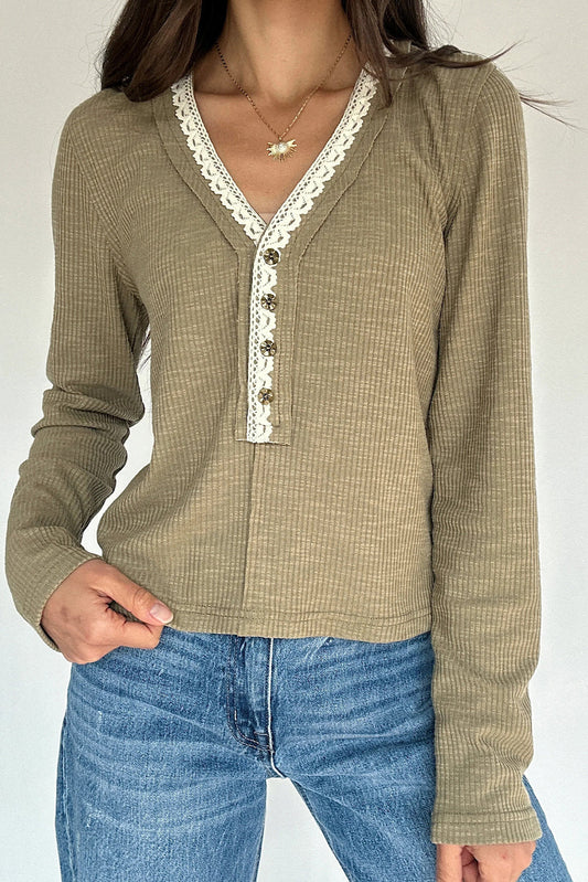 Sage Green Ribbed Knit Long Sleeve Lace Trim V Neck Buttoned Pullover Top