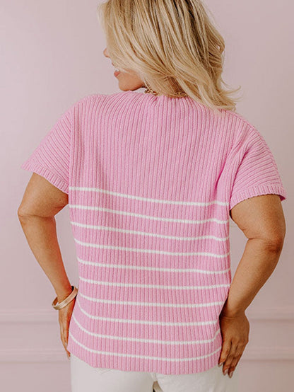 Pink Striped Ribbed Oversized T-Shirt for Plus Size Women