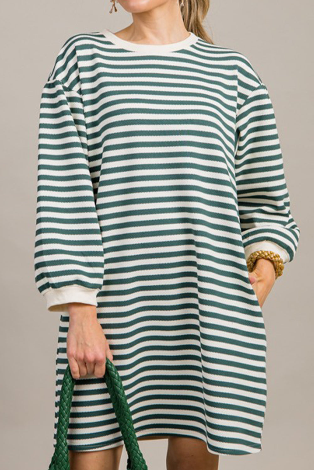 Green Stripe Puffy Bracelet Sleeve Shift Mini T Shirt Dress