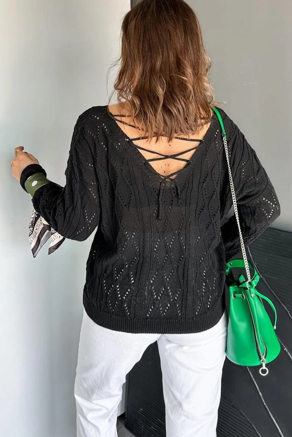 Black Geometric Textured Crisscross Lace up Knit V Neck Sweater
