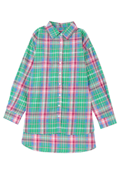 Green Plaid Split Detail Button Down Shirt
