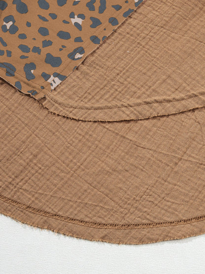 Leopard Patchwork Oversized Brown Blouse with Raw Hem