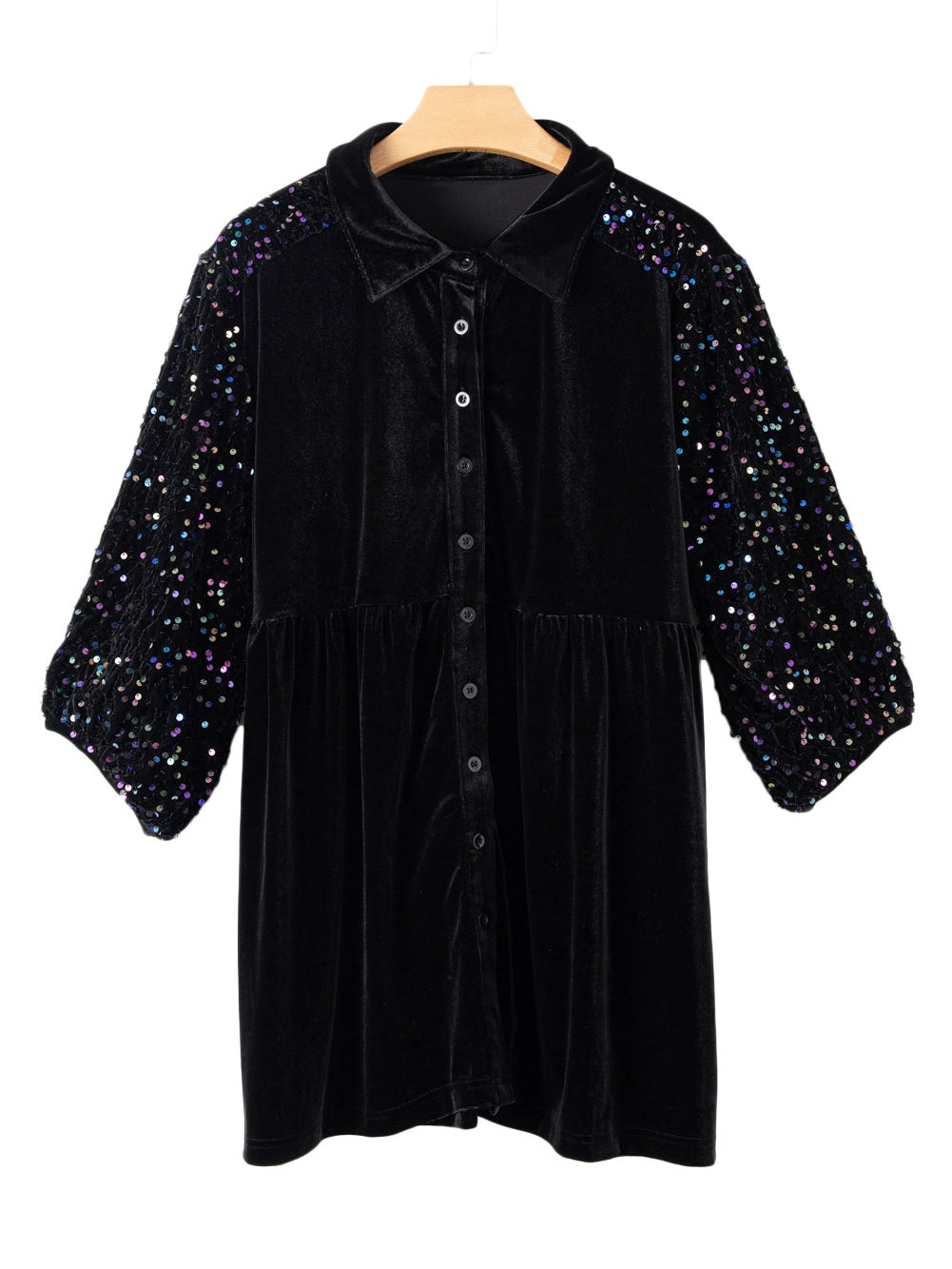 Elegant Black Velvet Peplum Shirt with Sequin Detail