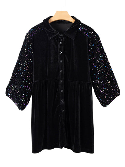 Elegant Black Velvet Peplum Shirt with Sequin Detail