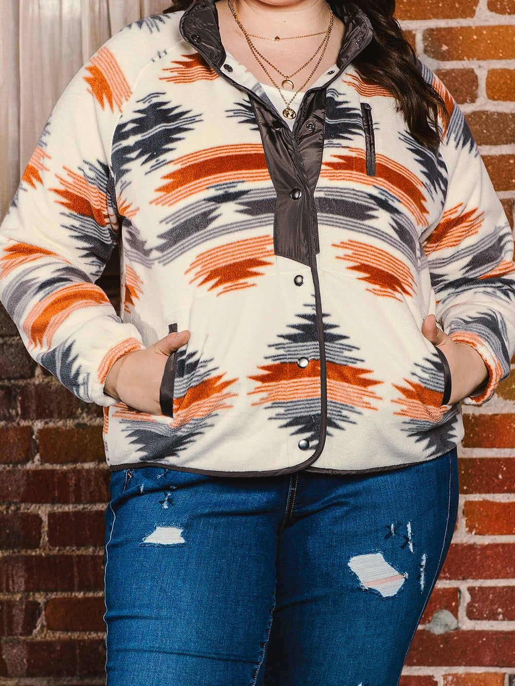 Aztec Print Stand Neck Plus Size Jacket in Grey Geo Patchwork