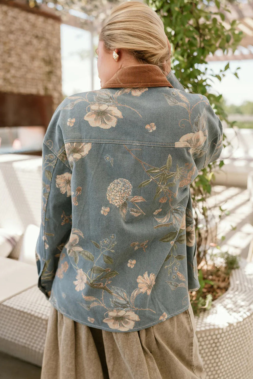 Sky Blue Floral Print Denim Contrasted Corduroy Collar Patchwork Jacket