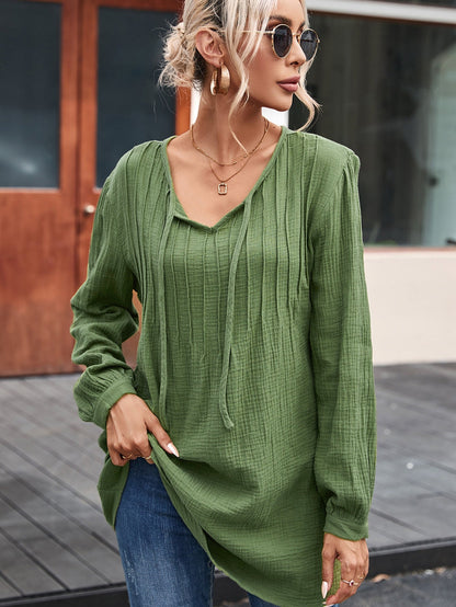 Green Textured V Neck Loose Top with Pleated Details