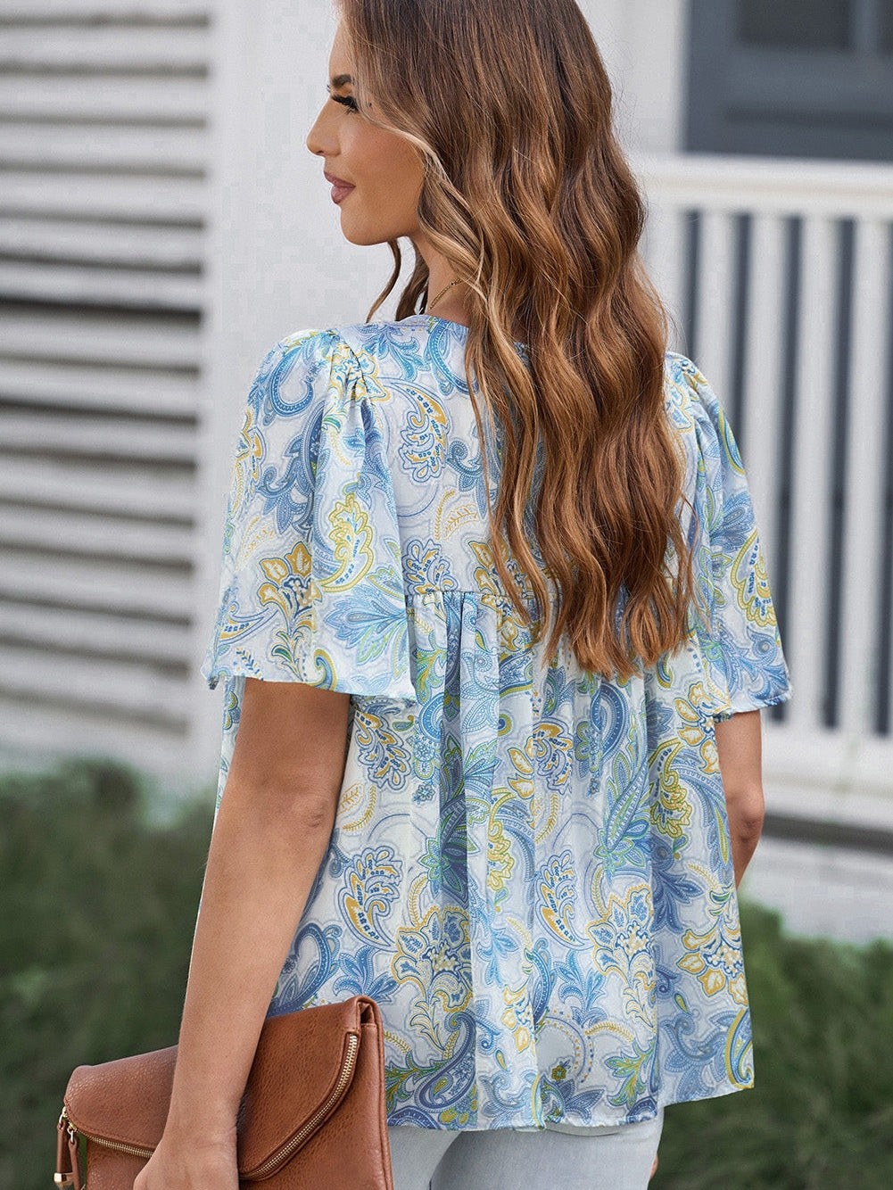 Elegant Sky Blue Paisley Pattern Flowy Blouse with Wide Sleeves