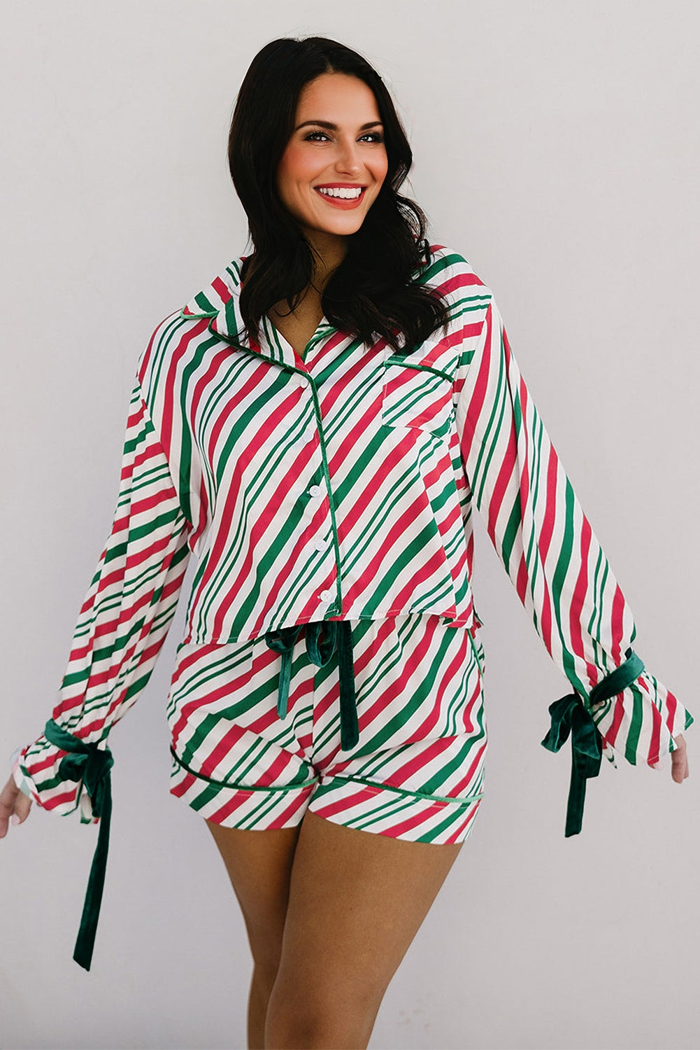 Green Stripe Contrast Velvet Ribbon Knot Christmas 2pcs Pajama Set