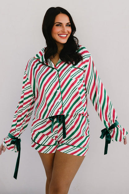 Green Stripe Contrast Velvet Ribbon Knot Christmas 2pcs Pajama Set