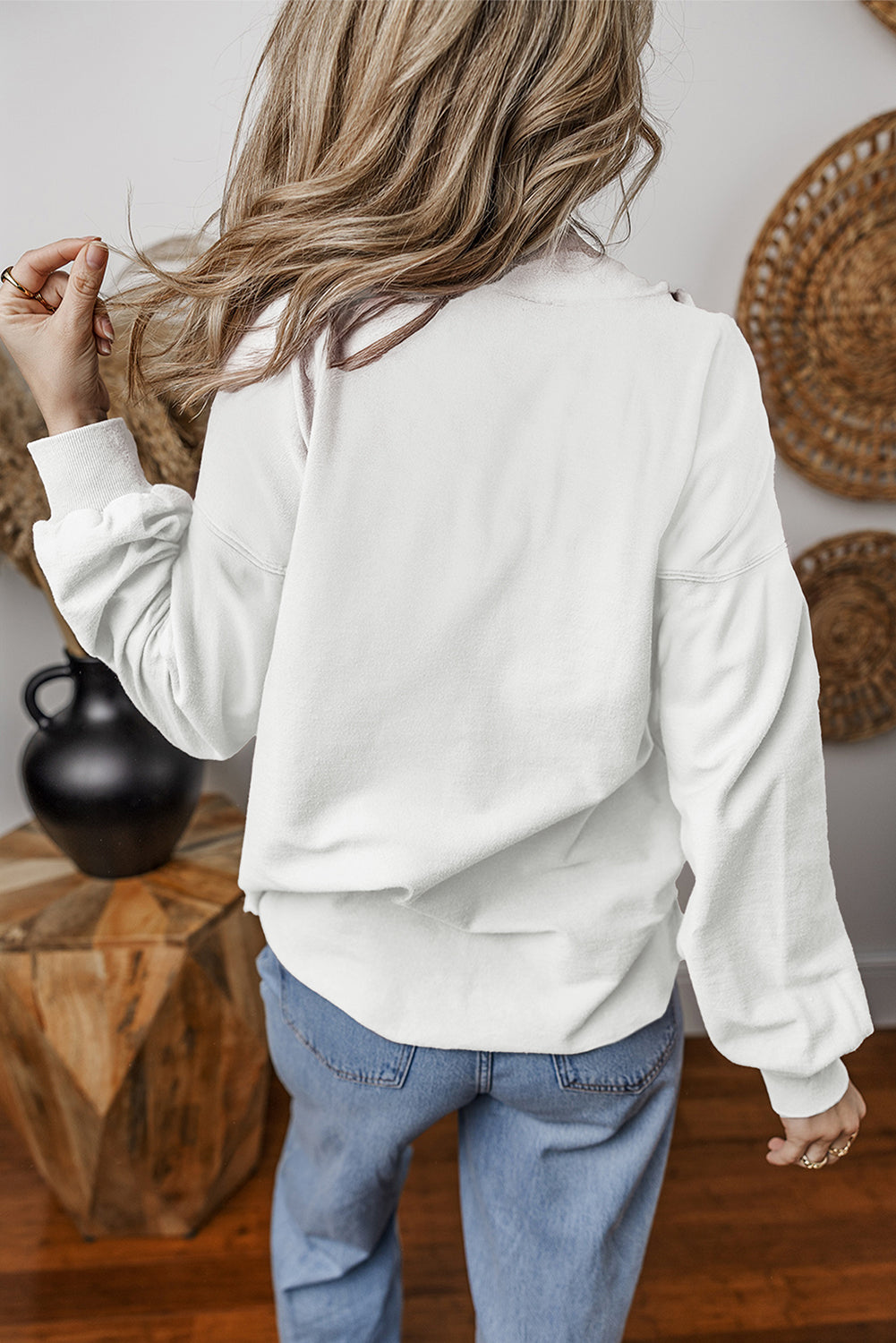 White Button Stand Neck Lace Hem Patchwork Drop Shoulder Sweatshirt