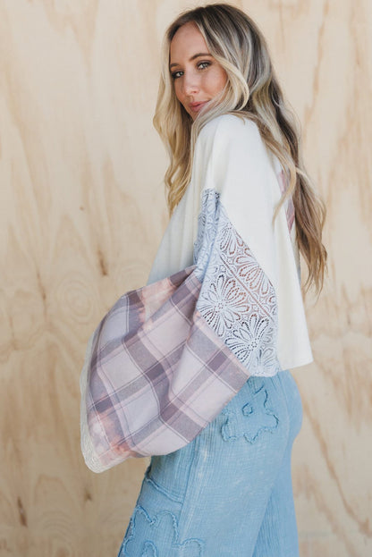 White Peace Sign Plaid Lace Patchwork Loose Long Sleeve Cropped Top