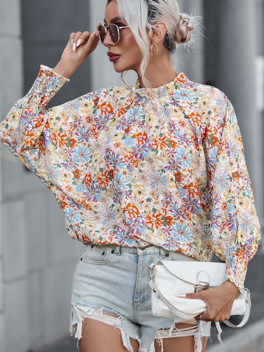 Floral Charm Multicolor Bubble Sleeve Blouse