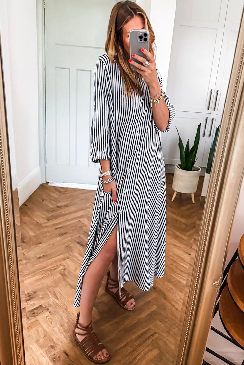 Black Stripe Side Pockets Buttoned Loose Fit Maxi Dress