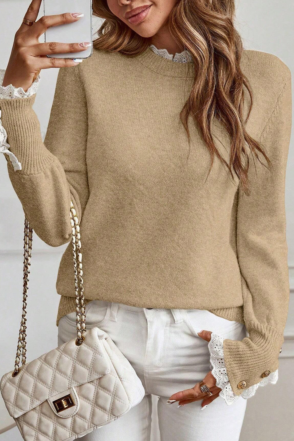 Light French Beige Lace Trim Patchwork Buttoned Cuffs Loose Sweater