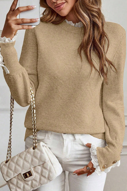 Light French Beige Lace Trim Patchwork Buttoned Cuffs Loose Sweater