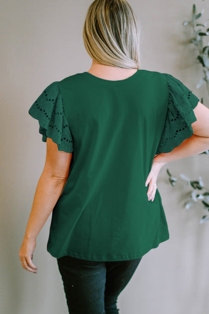 Green Eyelet Flutter Sleeve Plus Size Top