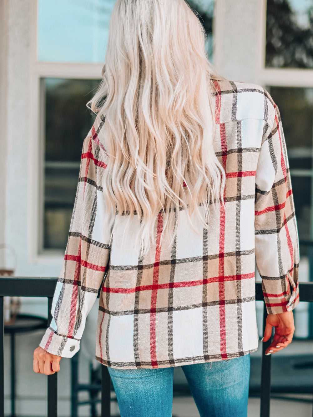 Khaki Plaid Print Sheath Button-Up Coat with Pockets