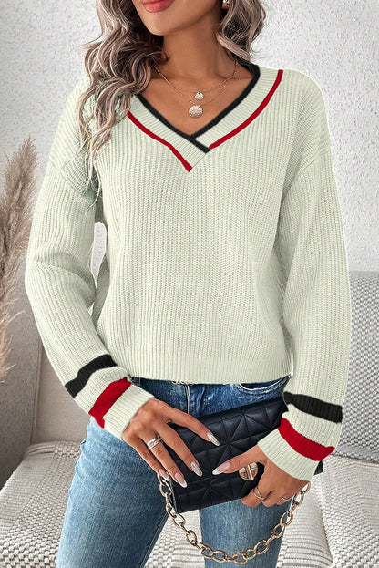Beige Contrast Striped Trim V Neck Drop Shoulder Sweater