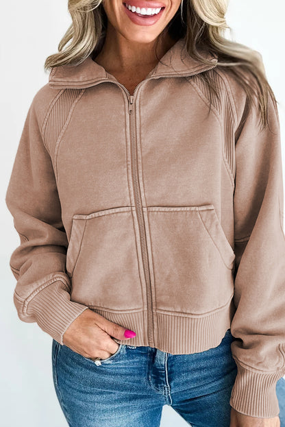 Smoke Gray Mineral Wash Ribbed Patchwork Zipped Front Cropped Jacket